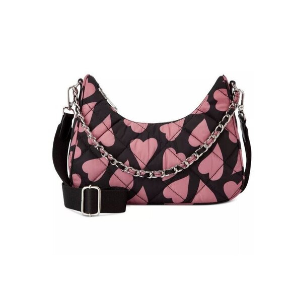 INC Chilsea quilted nylon women's mini hobo shoulder crossbody bag -PINK HEARTS - Picture 1 of 8
